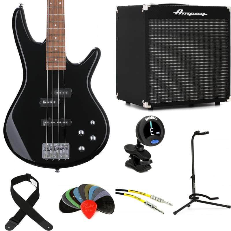 Ibanez Gio GSR200BK Bass Guitar and Ampeg Rocket Amp Essentials Bundle - Black image 1