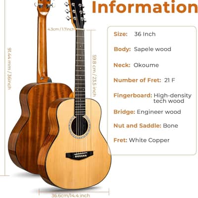 3/4 Steel-String Acoustic Guitar, 36 Inch Acustica Guitarra Starter Bundle with Gig Bag Tuner Capo for Beginner Adult Teen, Natural image 3