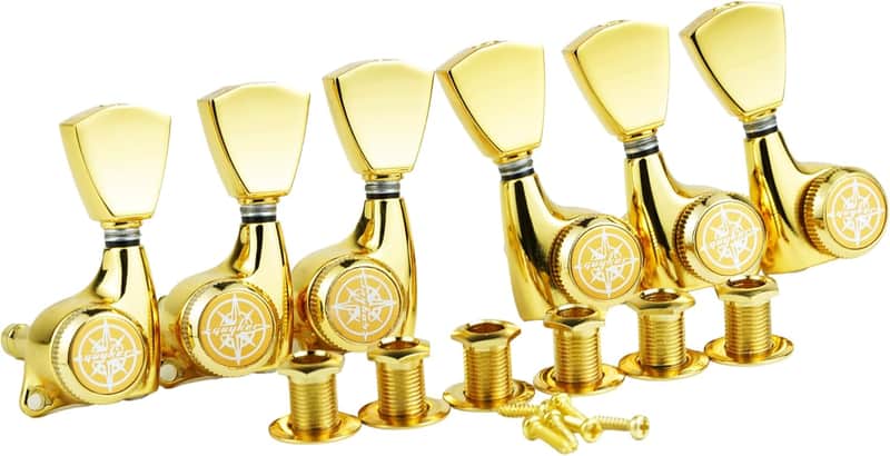 Guitar Locking Tuners (3L + 3R Handed) – 1:21 Lock String Sealed Tuning Key Pegs Machine Heads with Keystone Knob Replacement for Style Electric or Acoustic Guitars – Gold image 1