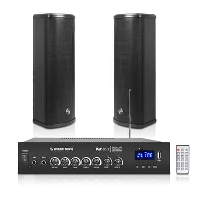 PAC80X2CL25B | Commercial Restaurant Amplifier and Column Array Set with a 2-Zone 70V/100V Bluetooth Amp, 2 x All-Weather Dual 5" Speakers, Black image 1