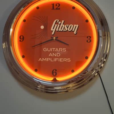 1950's/60's Style Gibson Guitars Neon Orange Wall Clock Killer Cool Man Cave, Bar, Garage Item