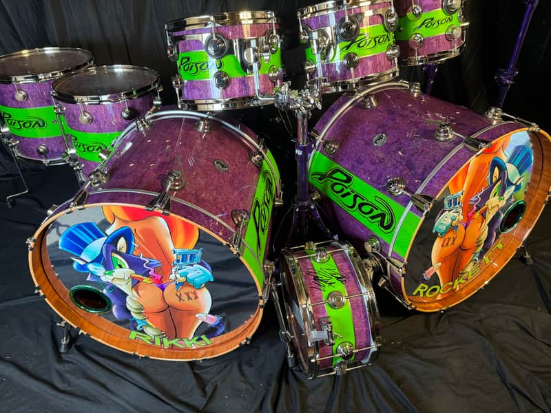 Rikki Rocket's Poison, 2018 Nothing But a Good Time Tour DW Cherry Mahogany 8-Piece Drum Set, Custom Poison Graphic, Autographed!! image 1