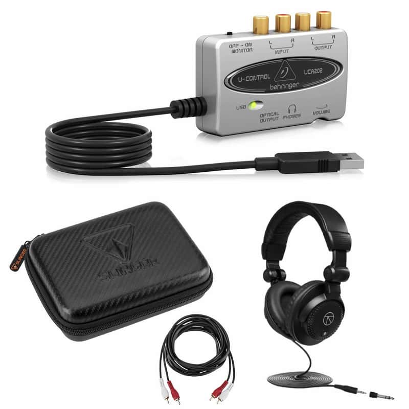 Behringer UCA202 Ultra-Low Latency 2-In/2 Out USB/Audio Interface with Digital Output Bundle WIth Studio Monitor Headphones, Hard Carry Case, RCA Male to 2 RCA Male Stereo Audio Cable 10' image 1