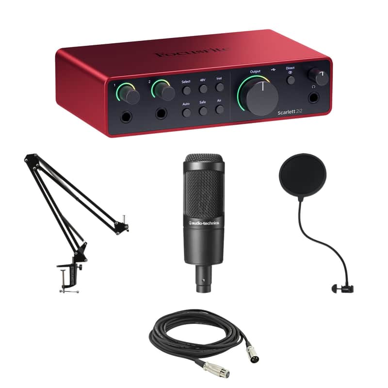 Focusrite Scarlett 2i2 4th Gen USB Audio Interface with AT2035 Large-diaphragm Condenser Microphone, Microphone Boom Arm, Pop Filter and XLR Cable image 1