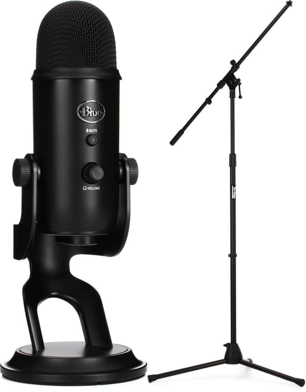 Blue Microphones Yeti Multi-pattern USB Condenser Microphone - Blackout  Bundle with On-Stage MS7701B Euro Boom Microphone Stand - Black image 1