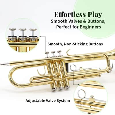 Trumpet Set For Beginners & Students, Portable Hard Case, Mouthpiece, Cleaning Kit Includes Gloves & More, 460” Bore, Brass, Nickel-Plated Valves image 3