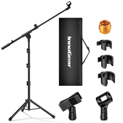 Microphone Stand, Tripod Boom Arm Floor Mic Stand Height Adjustable Heavy Duty with Carrying Bag 2 Mic Clips 3/8" to 5/8" Adapter for Singing Podcast for Blue Yeti Shure SM58 SM48 Samson Q2U
