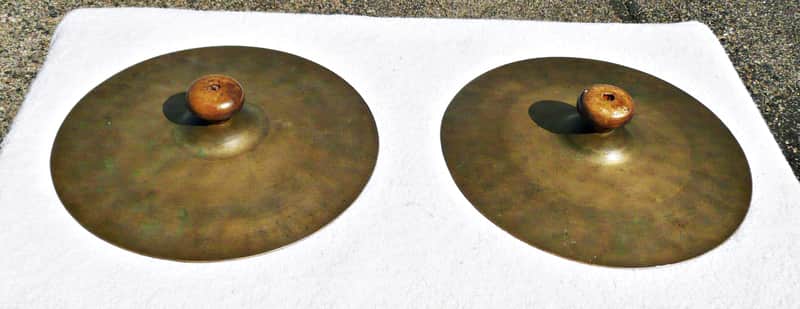 Soleman (?) Vintage 15" Marching Crash Cymbals with Wooden Handles - Traditional Natural Brass - PV Music Drum Shop Inspected and Tested - Play / Sound / Look Great