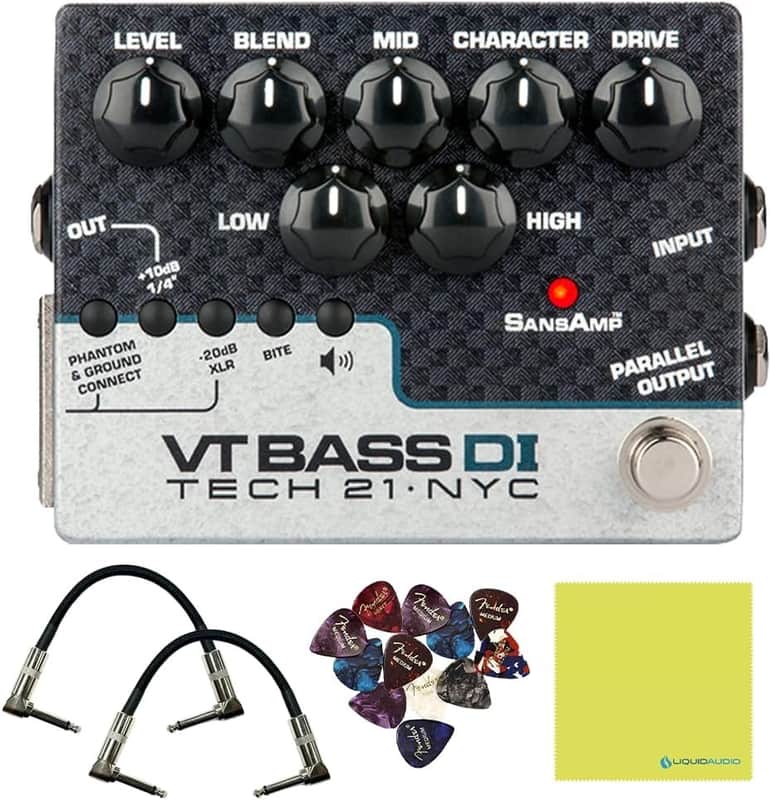 Tech 21 SansAmp VT Bass DI Pedal Bundle w/ 2x Strukture Patch Cables, 12x Guitar Picks & Liquid Audio Polishing Cloth CS-VTB-DI image 1