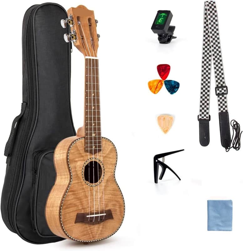 21 Inch Soprano Ukulele, Classical Headstock Hard Lightweight Okoume Ukelele, Tiger Flame Ukulele for Adult Beginners, Kids with Uke Gig Bag, Tuner, Strap, Replacement Strings, Capo Picks, etc image 1