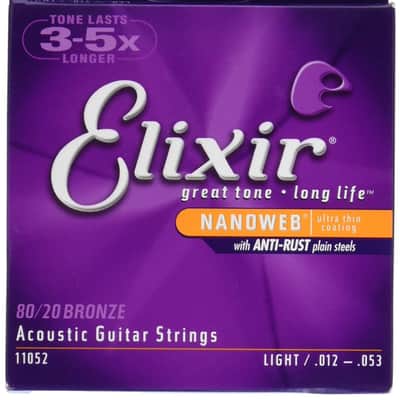 Elixir 11052 Nanoweb 80/20 Bronze Acoustic Guitar Strings - Light (12-53) image 1