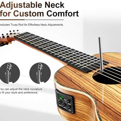 6 String 30 Inch High Gloss Zebra Wood Acoustic & Electric Ukulele Guitalele with Truss Rod with Padded Gig Bag, Strap image 2