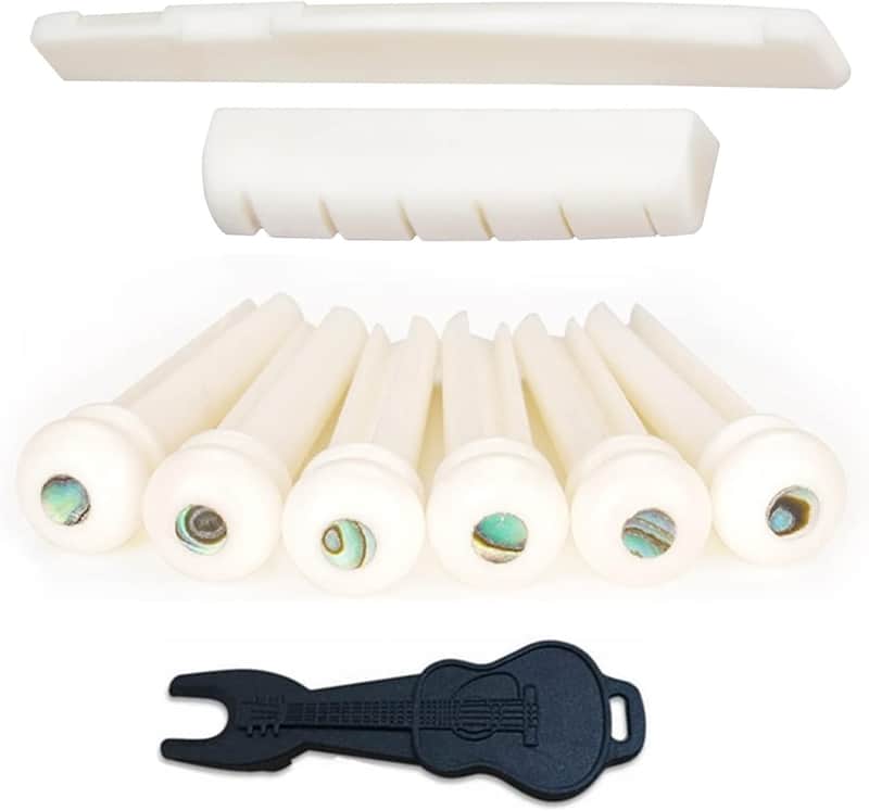 Acoustic Guitar Bone Bridge Saddle Nut with 6pcs Small Abalone Dot Guitar Bridge Pins and Pins puller (Bone bridge & Bone pins) image 1
