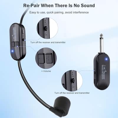 Wireless Microphone Headset Double Professional: Cordless Mic Head for Two People, Heads Handheld Mics 2 in 1- USB-C Rechargeable - 1/4'' and 1/8'' Plug for PA System, Voice Amplifier,Teaching,Fitness image 2