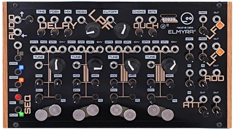 Black audio effects unit with numerous knobs and jacks.