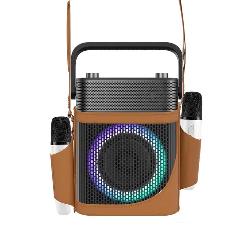 Karaoke Machine with 2 UHF Wireless Microphones, IPX4 Waterproof Portable Bluetooth Speaker with Leather Bag for Samsung Apple TV Tesla Ford Car, Outdoor Speaker Karaoke Fit Bluetooth/AUX/USB (Black) image 1