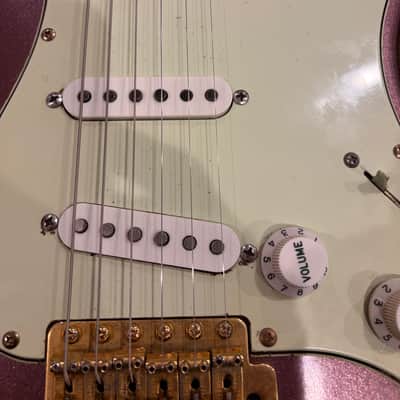 Stratocaster -1963 replica, Chunky highly figured Brazilian Rosewood slab Musikraft neck/ JM Rolph 1963 pickups/ nitro guard /mjt relic Purple Mist body/ relic gold hardware image 17