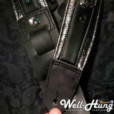 Well-Hung "Soul Collector" 3" wide padded leather guitar strap, Silver / Black with conchos image 3