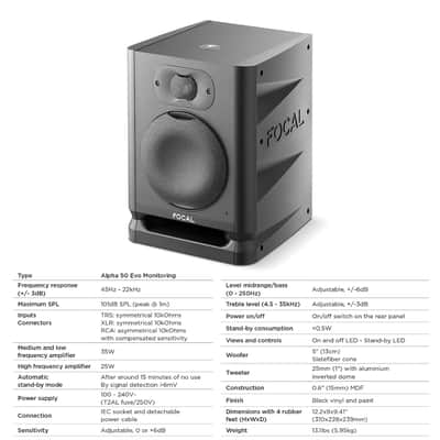 Focal Alpha 50 Evo – 5" Active 2-Way Studio Monitor, 60W RMS Bi-Amp, Slatefiber Woofer, 45Hz–22kHz, Neutral Nearfield Reference Speaker – Sold Individually image 3
