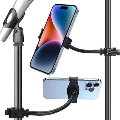 Mic Stand Phone Holder, Cell Phone Holder for Mic Stand, Adjustable Flexible Pole Phone Mount for Microphone, Music, Drum Stand, for Smartphone image 1