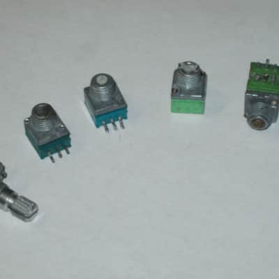 FIVE broken (for parts - AS IS/ FINAL SALE) Boss / Alpha & Alps  potentiometers (various values) 1990s - 2010s - 3 green, 2 teal, 4 are square, 1 is rectangle (stacked) values are in the description (NO: pedals/other items) image 5