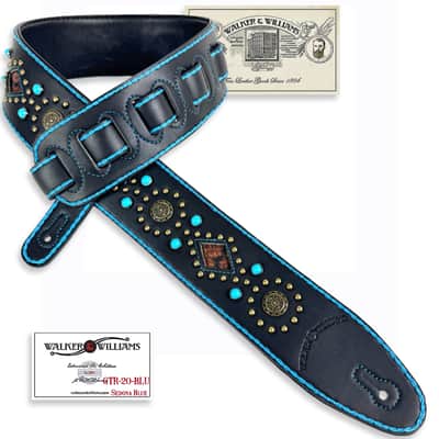 Walker & Williams GTR-20-BLU Sedona Special Turquoise Blue On Black Padded Strap With Brass Studs & Rivets For Acoustic Electric And Bass Guitars image 13