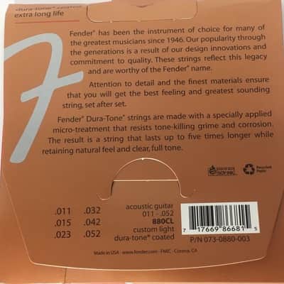 Fender Strings 880cl 80/20 Bronze Coated 11-52 Acoustic Guitar Strings image 2