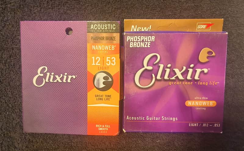 Two (2) Packs Elixir 16052 Nanoweb Phosphor Bronze Acoustic Guitar Strings - Light (12-53) COATED image 1