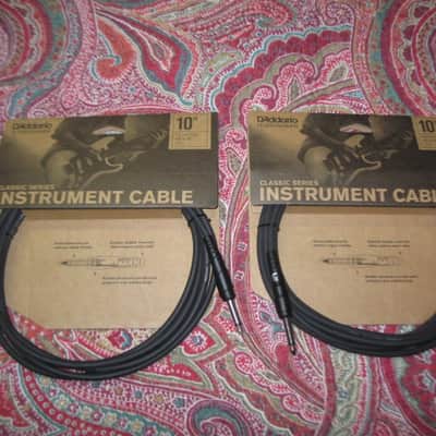TWO new in package D'Addario Classic Series Instrument Cable Straight to Straight, 10ft. PW-CGT-10, Black / ultra-pure, oxygen-free copper coaxial conductor with dense spiral shielding in a low capacitance design / Double molded plug design image 1