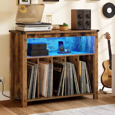 Height-Adjustable Record Player Stand w/ RGB Lights, USB & Power Outlets – Holds 200 Vinyl Albums | Turntable Storage image 4