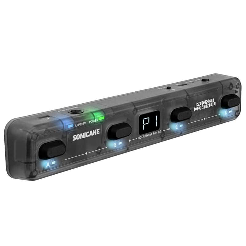 SONICAKE Pocket Control - MIDI Foot Controller, Wired/Wireless MIDI Transmission, USB Host, 4 Buttons BT Rechargeable Page Turner Pedal for Musician/Live Performance/Studio (Transparent Black) image 1