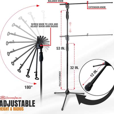 AxcessAbles AXCMS-201TB One Hand Microphone Stand with Tripod Base and Quick Grip Height Adjustment - Telescoping Mic Boom Arm Included. Tall Microphone Stand for Singing 2-Pack image 3