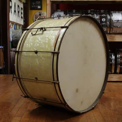 1930s Leedy 14x28 Spartan Bass Drum in White Marine Pearl w/ Knobby Gold Hardware image 1