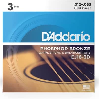 D'Addario EJ16 3-Pack Phosphor Bronze, Light 12-53 Acoustic Guitar Strings image 2