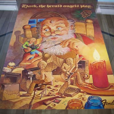 Fender Telecaster, Precision Bass, Rhodes & Twin Reverb Authentic Vintage Poster Christmas Campaign "Hark the Herald Angels Play" Artist Endicott Circa-1970's-Multi Color image 9