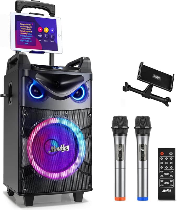 10" Karaoke Machine,Woofer, Portable PA System, Bluetooth Speaker with 2 Wireless Microphones, Lyrics Display Tablet Holder, Party Lights & Echo/Treble/Bass Adjustment Support REC/AUX/USB/TF image 1