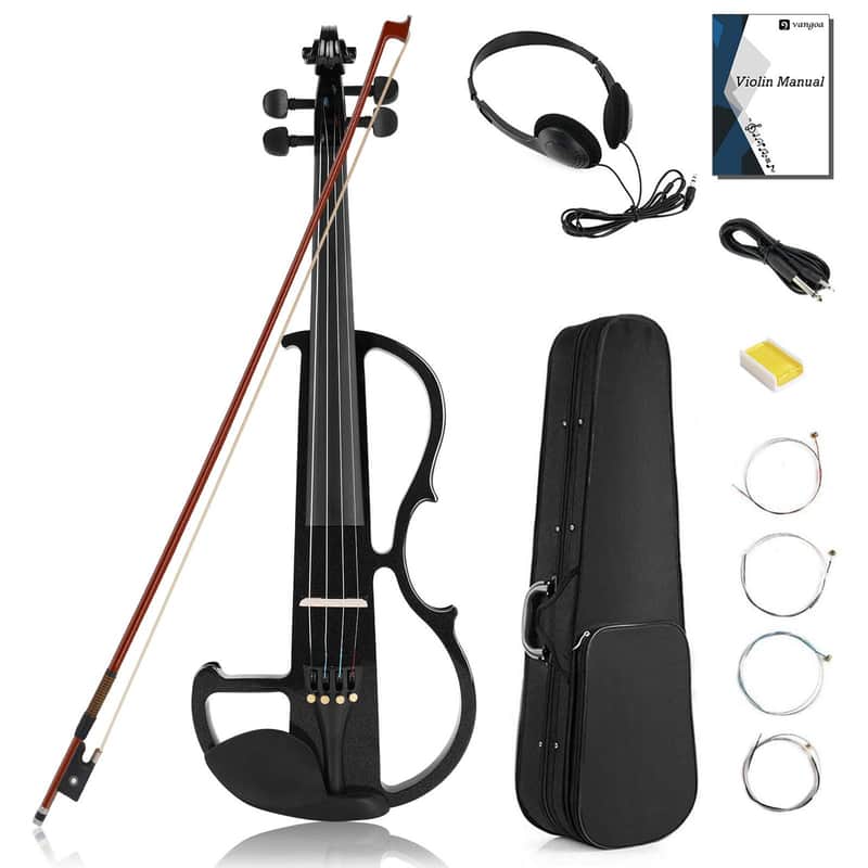 Electric Violin Full Size 4/4, Black Silent Electric Violin, Solid Wood Metallic Electric Fiddle with Ebony Fittings, Beginner Kit for Adults Teens image 1