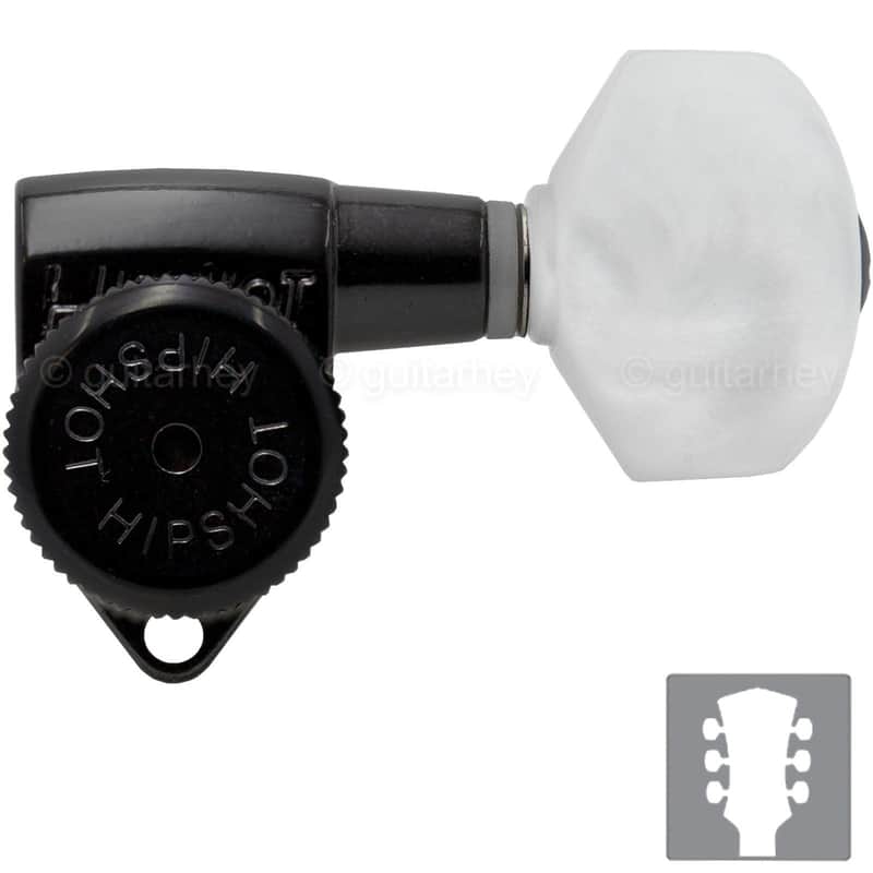 NEW Hipshot Grip-Lock Open-Gear TUNERS w/ White Pearloid Buttons Set 3x3 - BLACK image 1