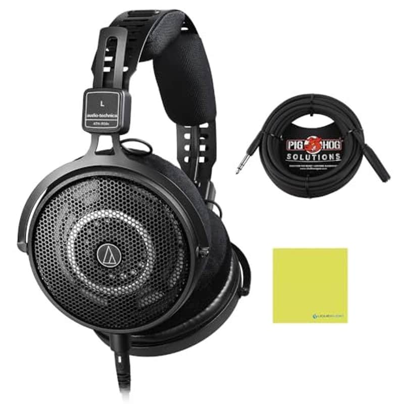 Audio Technica ATH-R50x Professional Open-Back Reference Headphones Bundle with 25ft Pig Hog Headphone Extension Cable (1/4") & Polishing Cloth – Studio Monitoring, Mixing & Critical Listening image 1