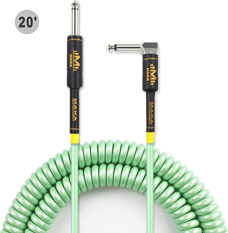 Premium Guitar Coil Cable 20 Feet, Instrument Coiled Curly Cord for Guitar Bass, 1/4 inch Right Angle to Straight, Surf Green image 1