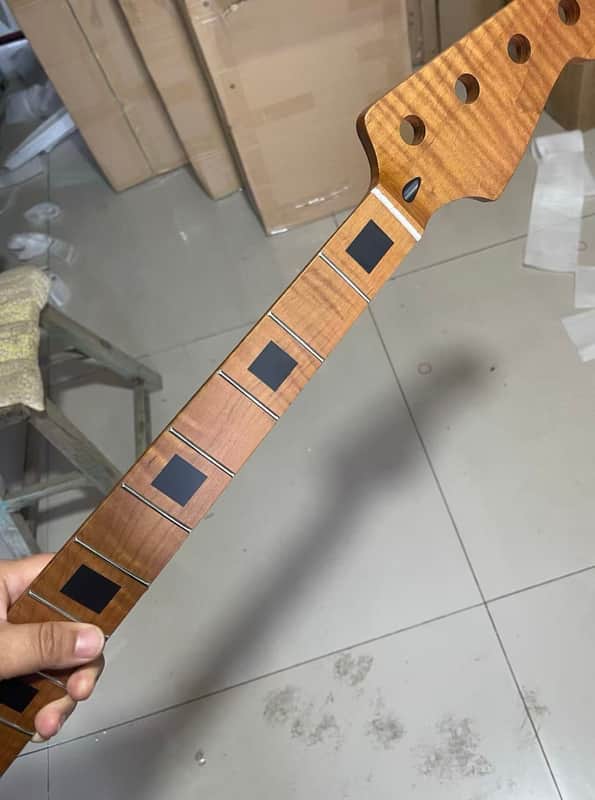 4 string electric bass neck P bass stainless steel 21 frets Roasted flame Maple guitar neck 34inch hole 18mm black block inlay image 1