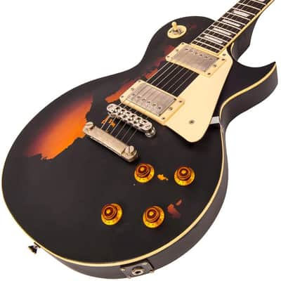Vintage V100 ICON Electric Guitar ~ Distressed Black Over Sunburst (V100MRBK) image 4