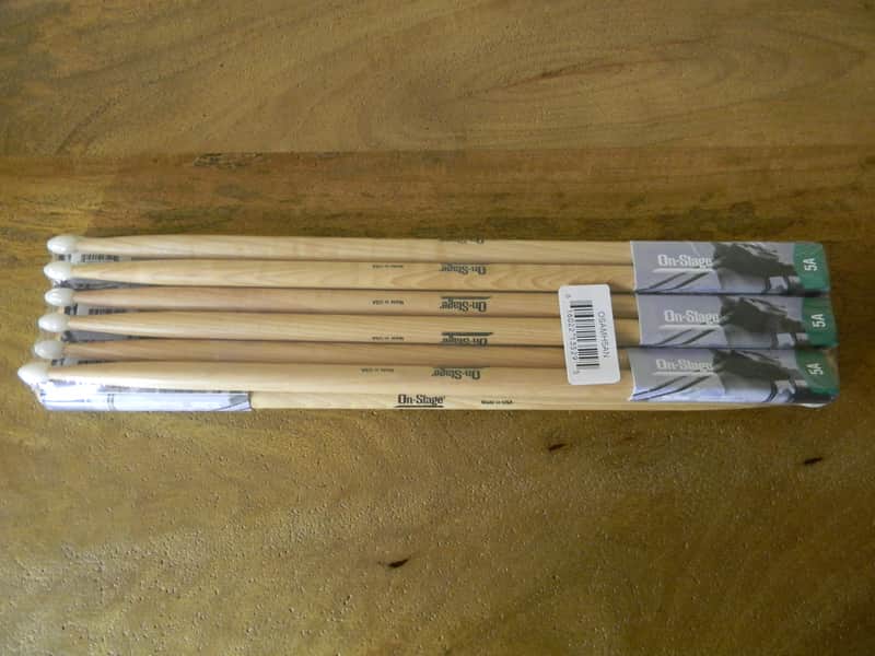 On-Stage American Hickory Drum Sticks 5A Nylon Tip 6 Pair Brand New ! image 1