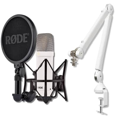 Rode NT1 Signature Series - White Condenser Microphone with SM6 Shockmount, Rode PSA1+ (White) Professional Microphone Boom Arm and Pop Filter image 1