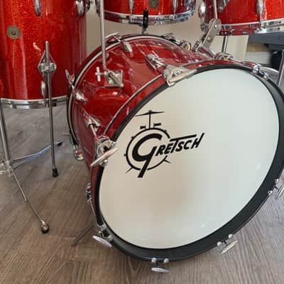 Gretsch  1962 Era Round Badge Progressive Jazz Bop Drum Set 18 Inch Bass Drum Tangerine Glass Glitter image 2