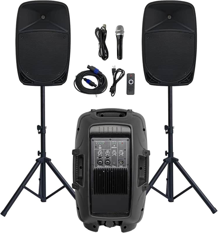 10-inch PA Speaker System, 1200W High Powered Bluetooth Compatible Active + Passive Pair Outdoor Sound Speakers, Outdoor Karaoke Machine, FM Radio, Remote Control,2 Speaker Stands,Supports SD Card/USB image 1