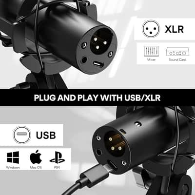 USB/XLR Podcast Dynamic Microphone, Studio Mic Kit with Volume Control, Shock Mount, Pop Filter, Ideal for Vocal, Instruments Recording, Voice Over, Live Streaming image 3