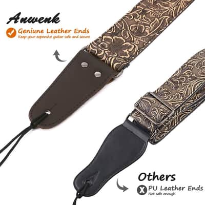 Guitar Strap, Stamped Leather Guitar Strap PU Leather Western Vintage 60's Retro Guitar Strap with Genuine Leather Ends for Electric Bass Guitar, with Tie,Include 2 Picks,Bronze image 1