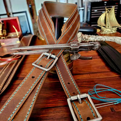 Hand Made, Hand Stitched Guitar strap "Rockatansky" in Taupe & Turquoise- Vegetable Tanned Leather image 24
