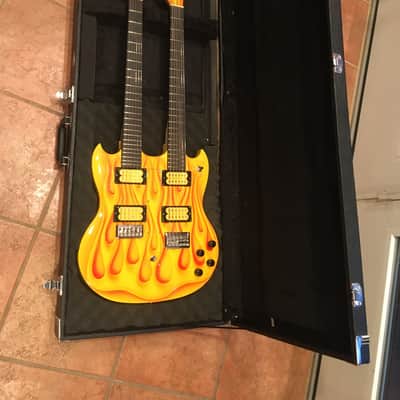 Custom Made 6 + 6 Baritone Solid Body Doubleneck Guitar 2022 Yellow w/ Flames image 7